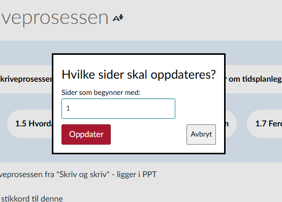 Screenshot of a modal window where you can enter what pages to update.