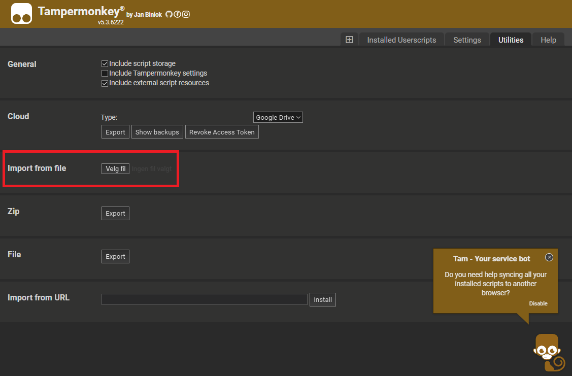Screenshot of utilities page in Tampermonkey.