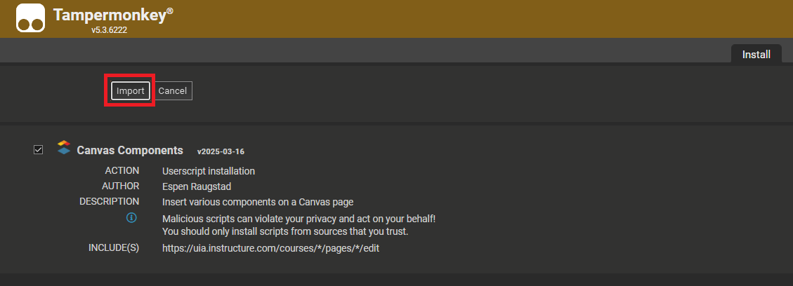 Screenshot of a script ready for import in Tampermonkey.