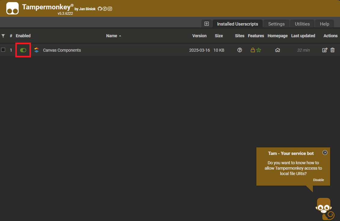 Screenshot from Tampermonkey showing installed and active scripts.