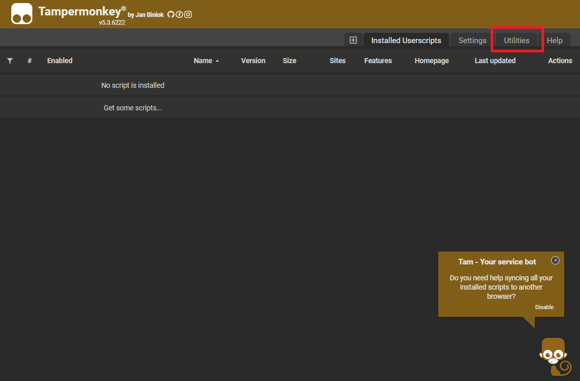 Screenshot of Tampermonkey extension start page.